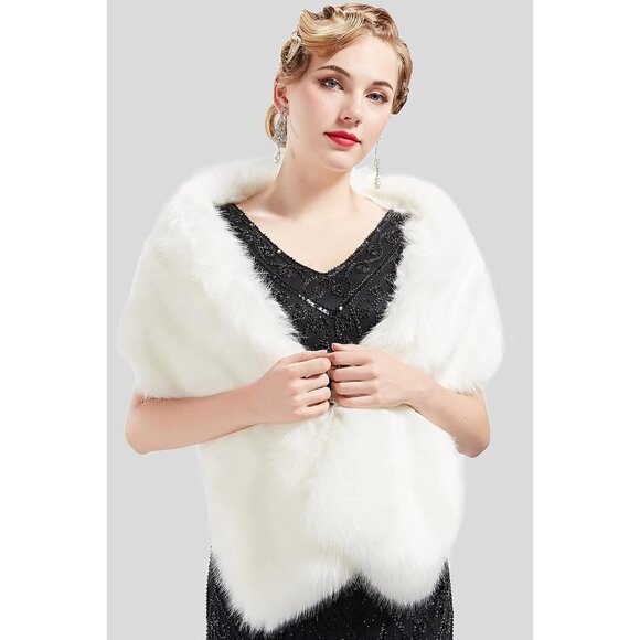 🆕 Women White Large Faux Fur Collar Shawl Scarf Wrap Evening Cape Winter Coat - Picture 3 of 4